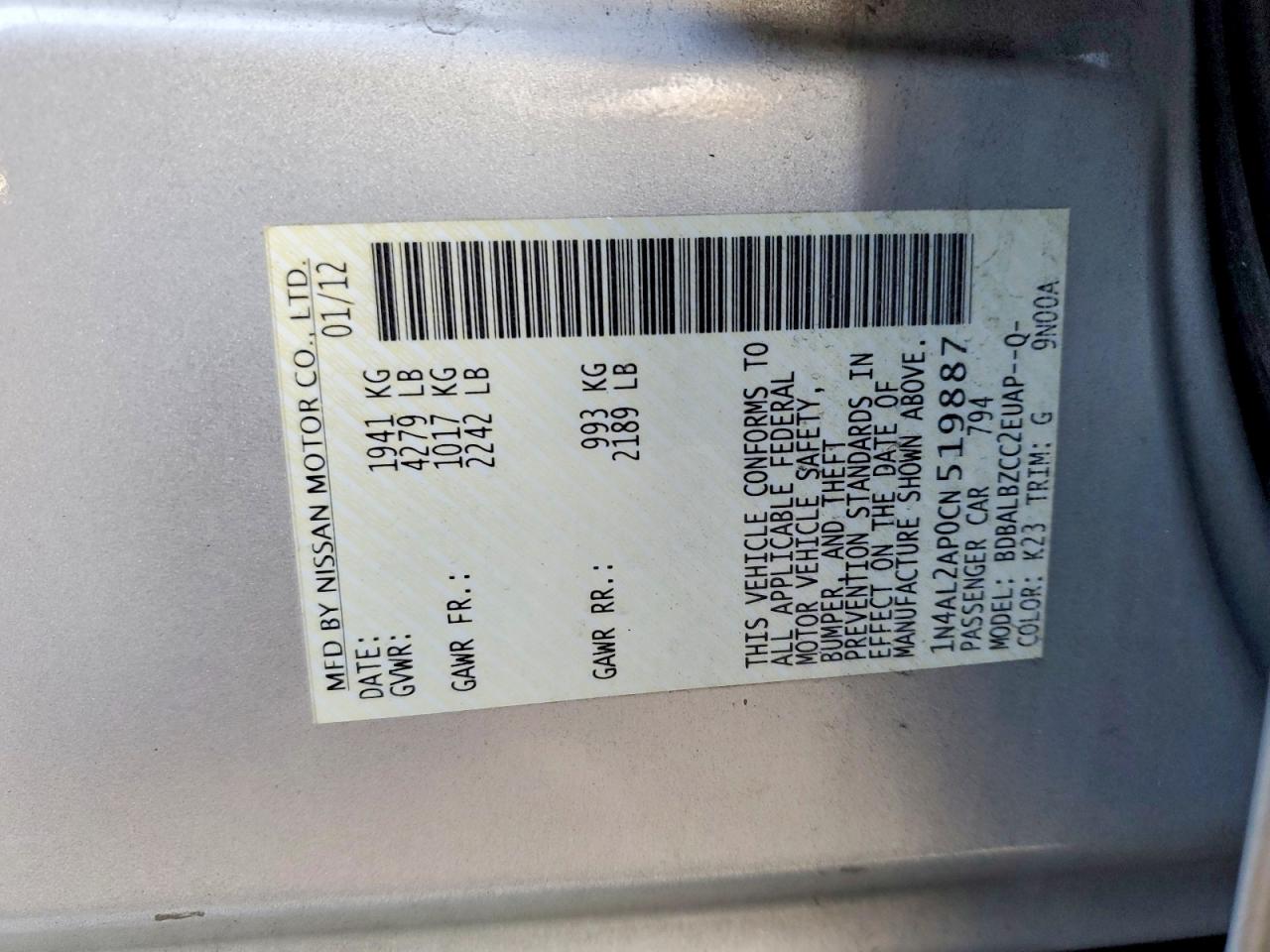 2012 NISSAN ALTIMA BASE photo 12