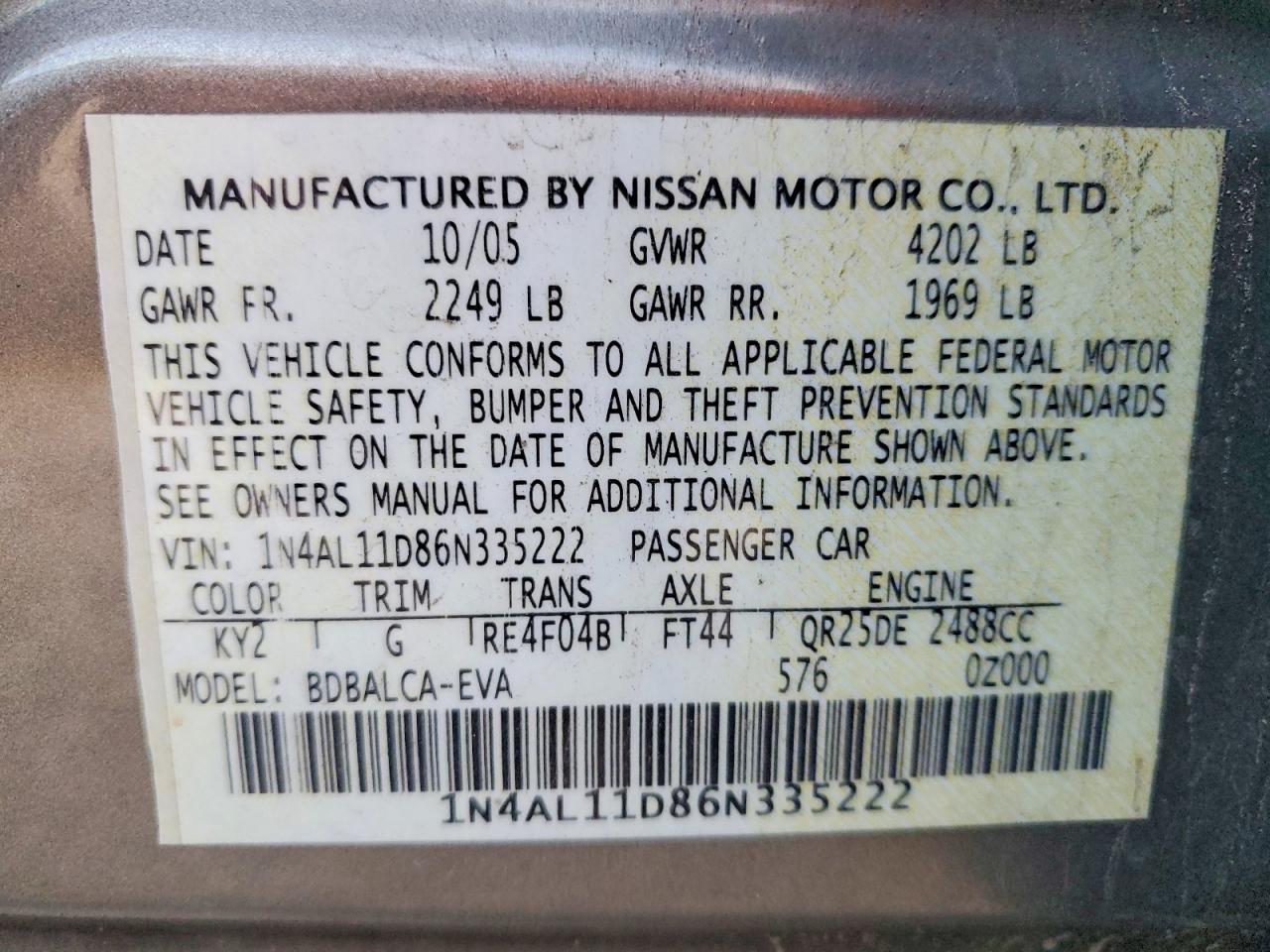 2006 NISSAN ALTIMA S photo 12