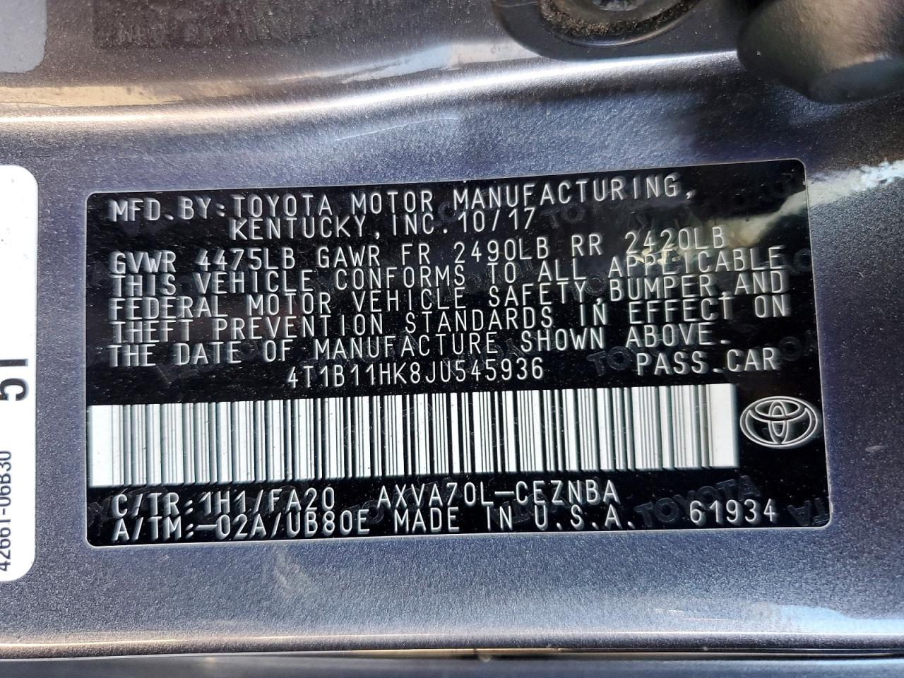 2018 TOYOTA CAMRY L photo 13