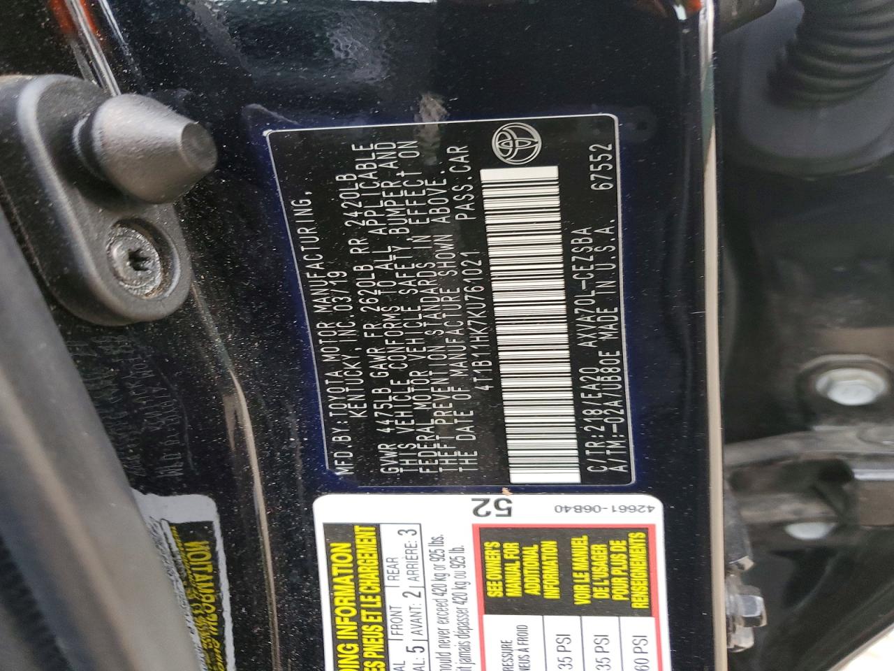 2019 TOYOTA CAMRY L photo 12