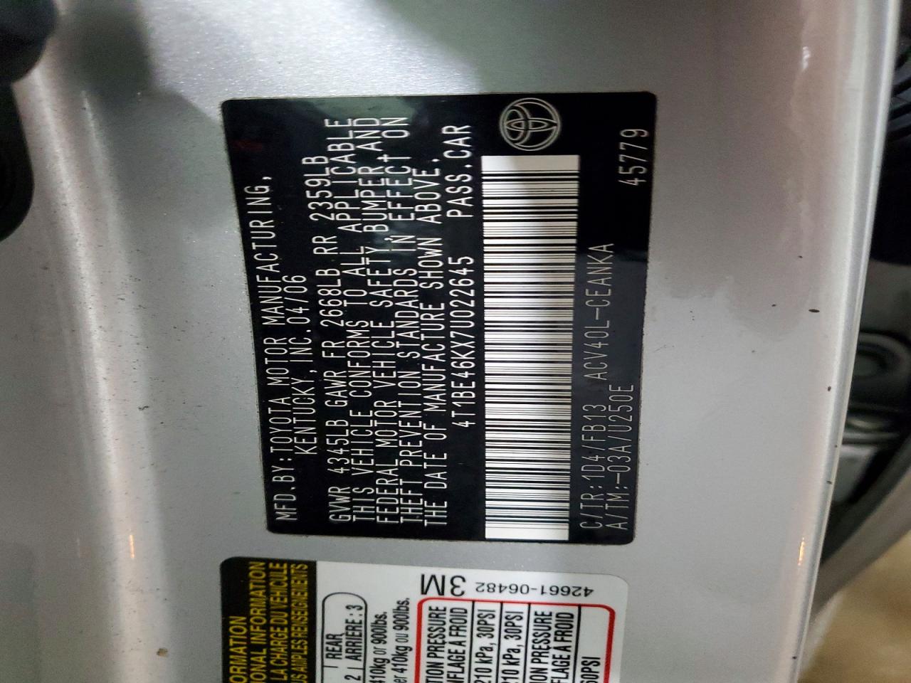 2007 TOYOTA CAMRY CE photo 12