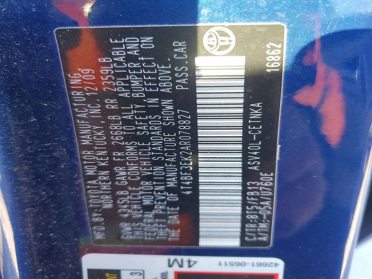 2010 TOYOTA CAMRY BASE photo 12