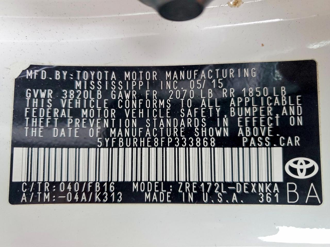 2015 TOYOTA COROLLA L photo 12