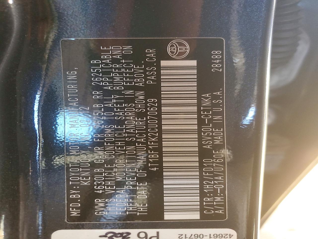 2012 TOYOTA CAMRY BASE photo 12