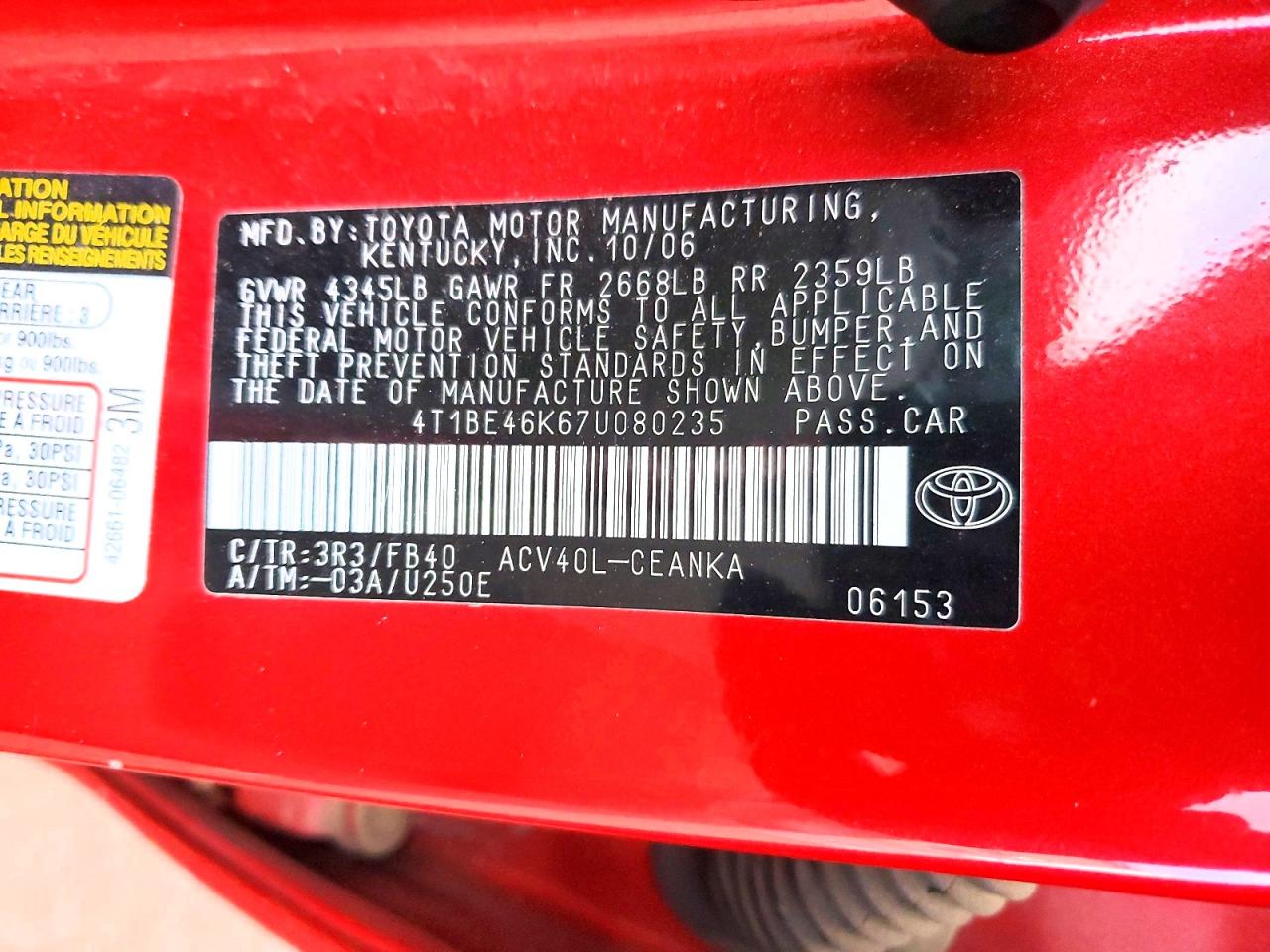 2007 TOYOTA CAMRY CE photo 12