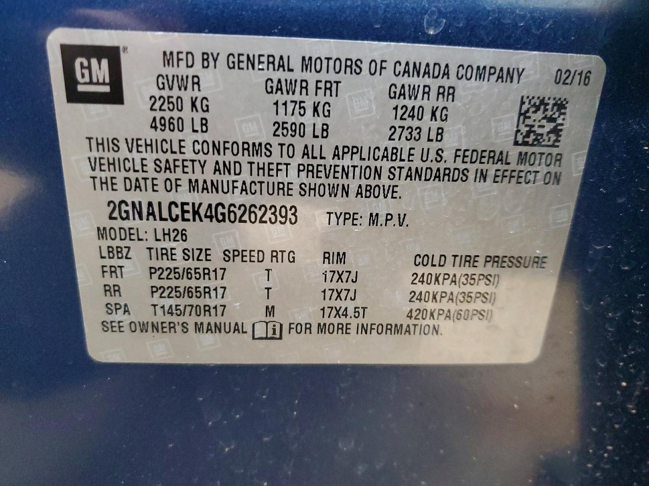 2016 CHEVROLET EQUINOX LT photo 14