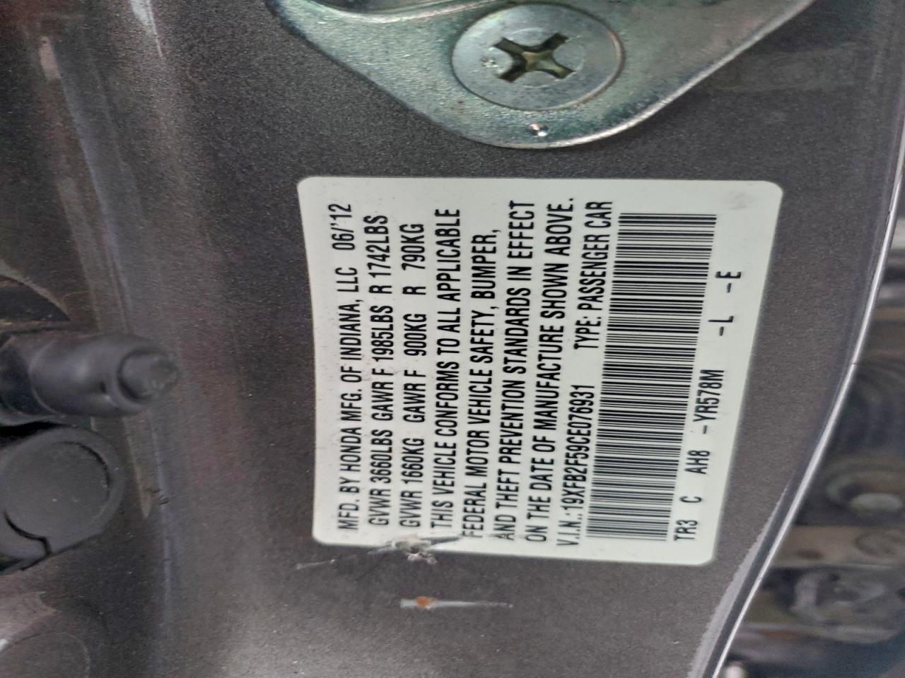 2012 HONDA CIVIC LX photo 12