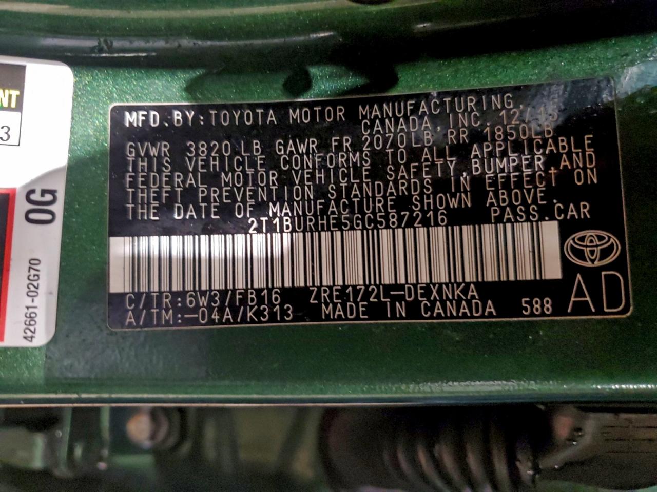 2016 TOYOTA COROLLA L photo 12