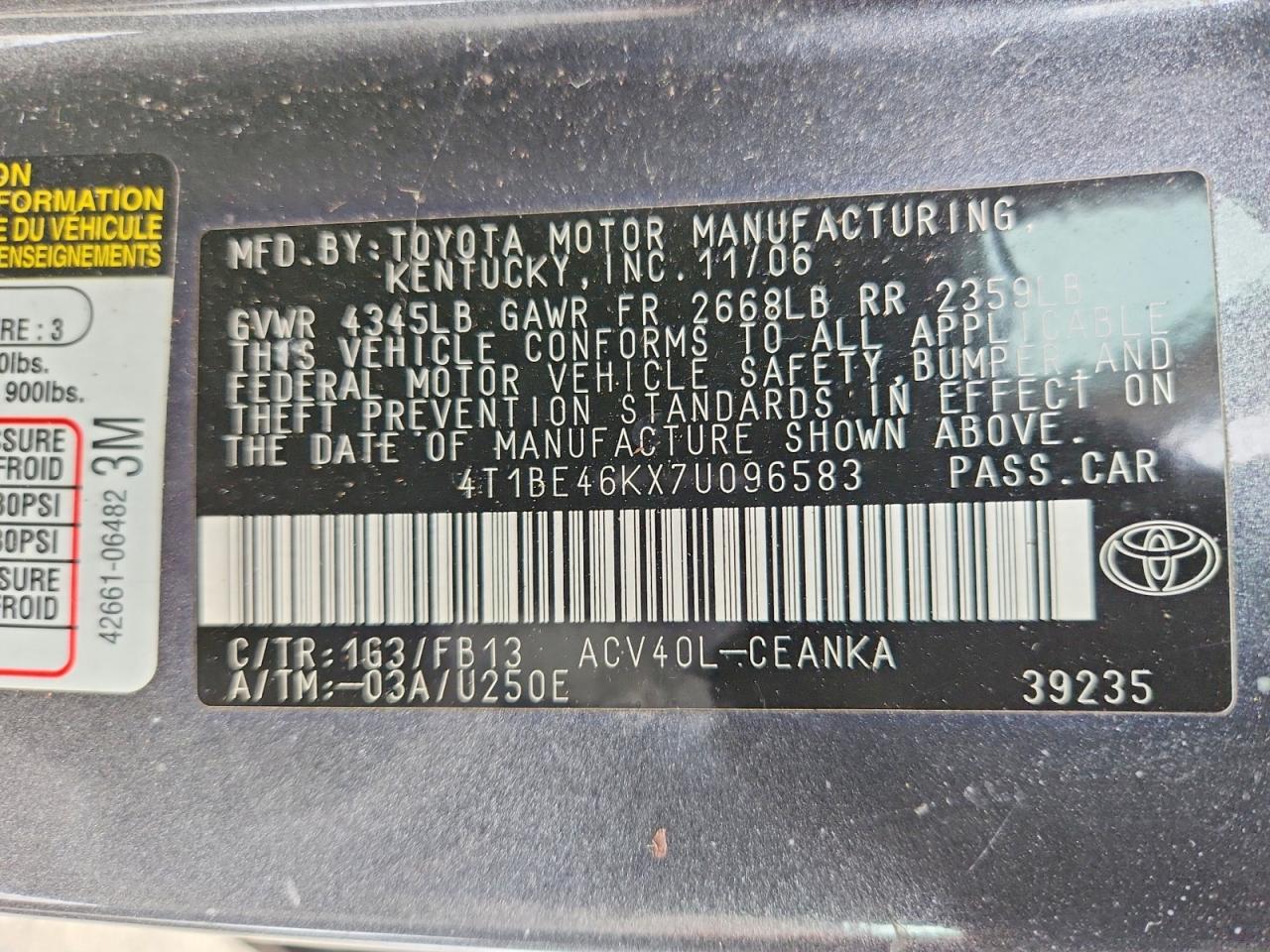 2007 TOYOTA CAMRY CE photo 12