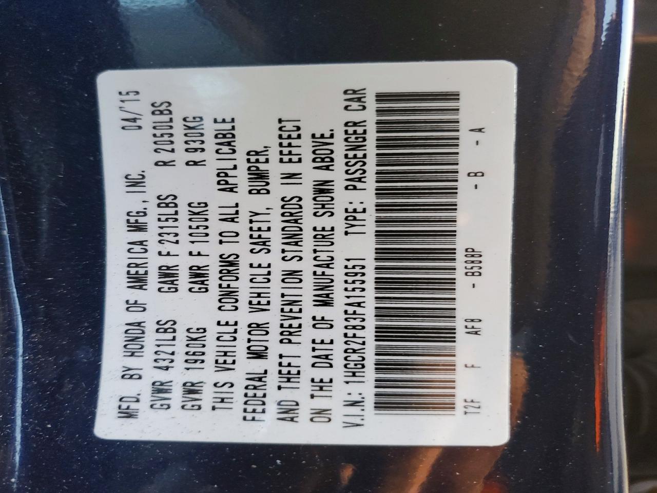 2015 HONDA ACCORD EXL photo 12