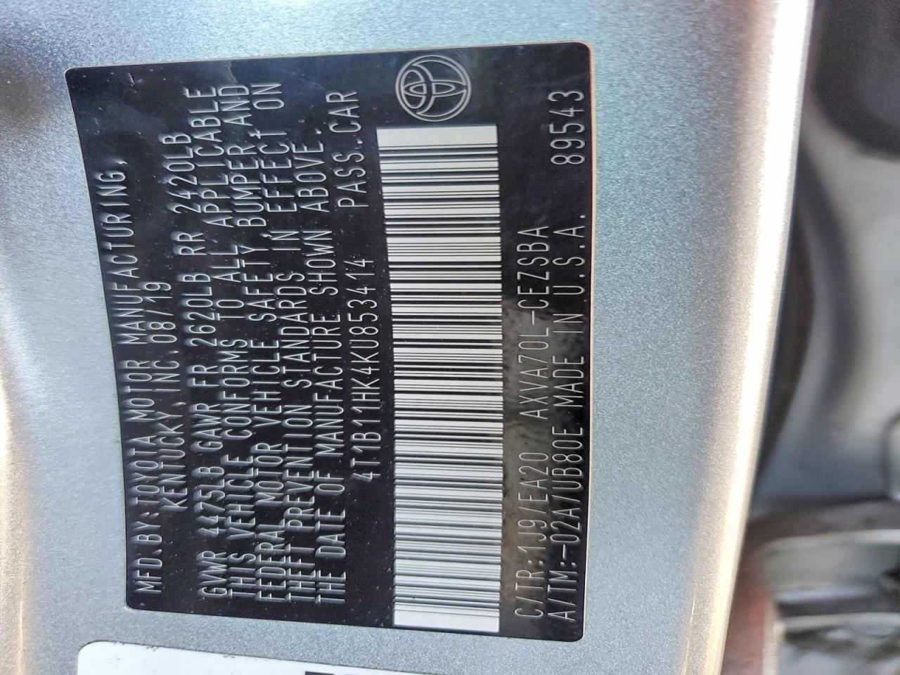 2019 TOYOTA CAMRY L photo 12