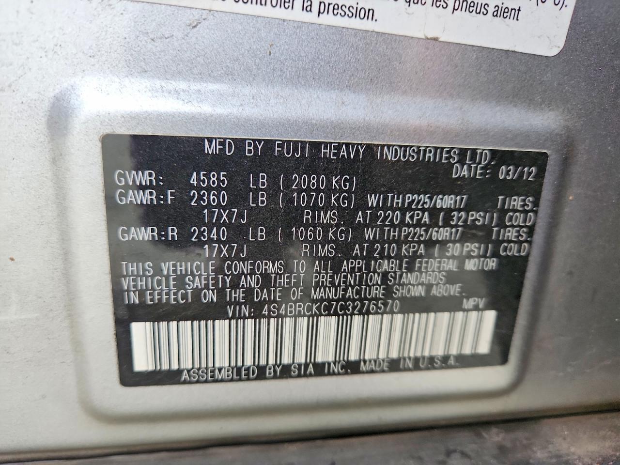 2012 SUBARU OUTBACK 2.5I LIMITED photo 13