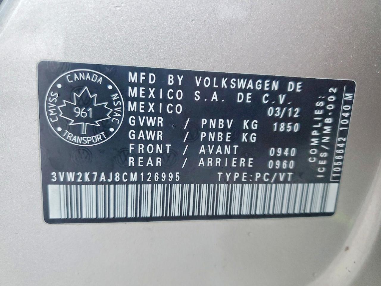 2012 VOLKSWAGEN JETTA BASE photo 12