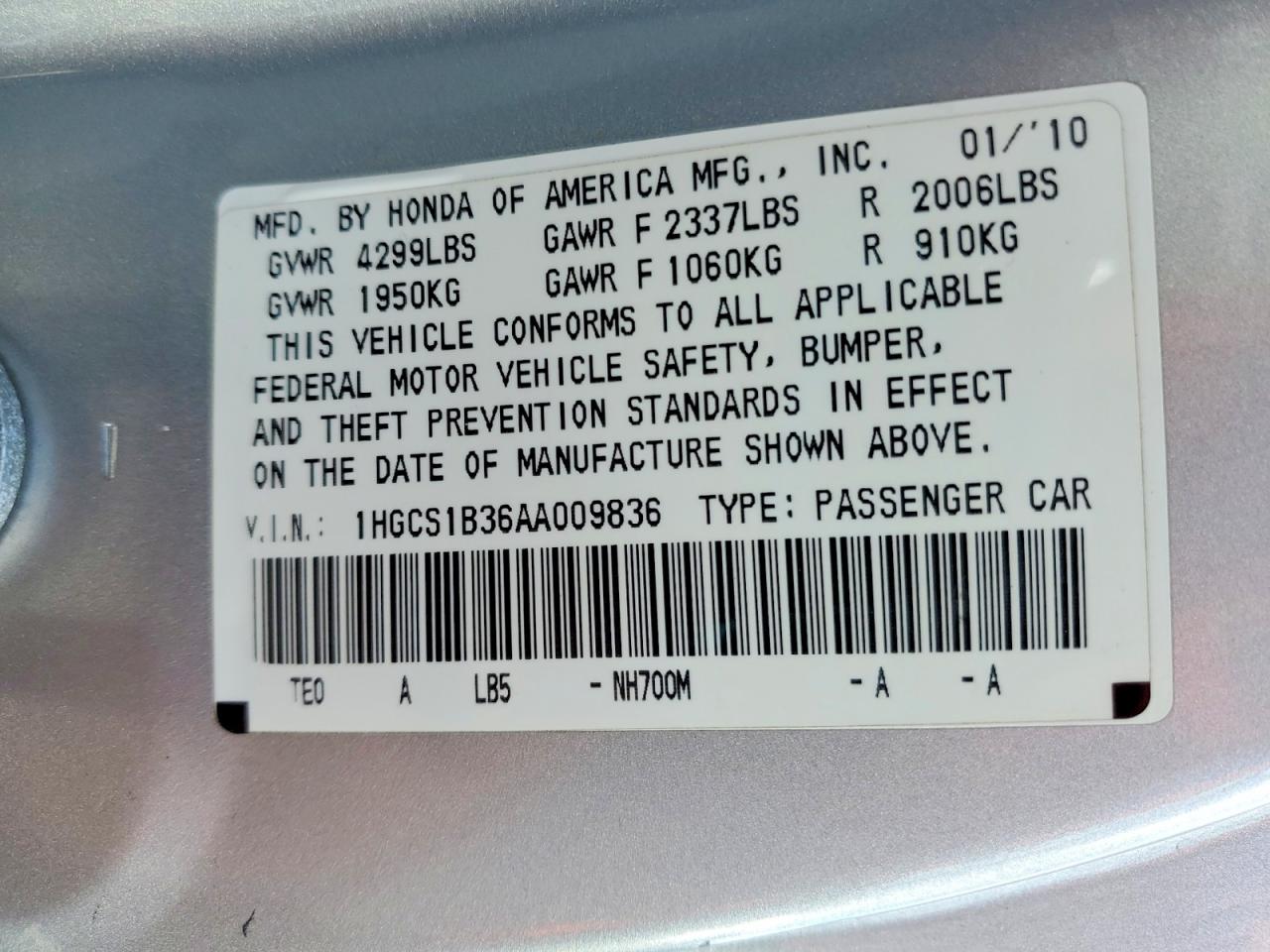 2010 HONDA ACCORD LX photo 12