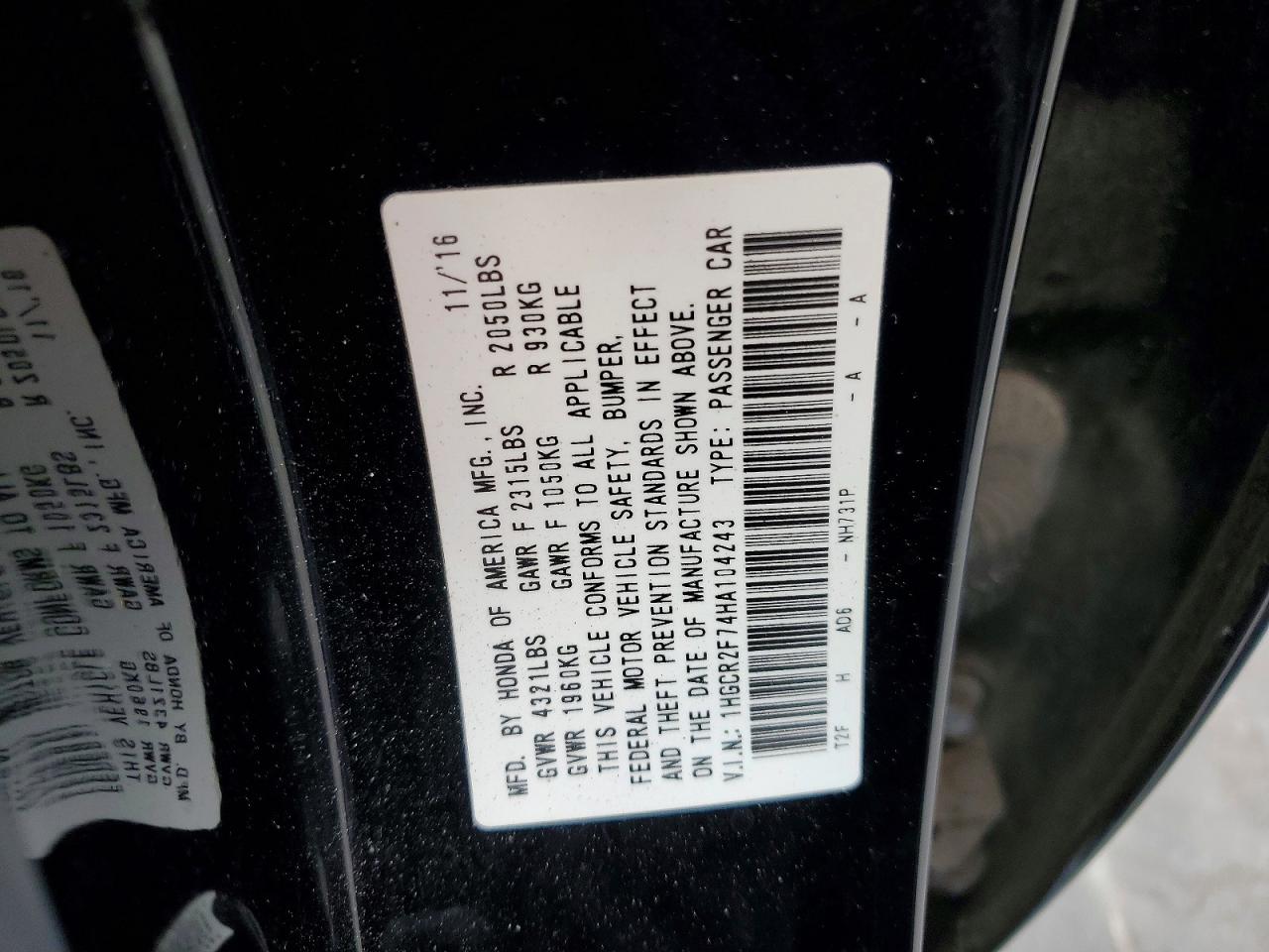 2017 HONDA ACCORD EX photo 12