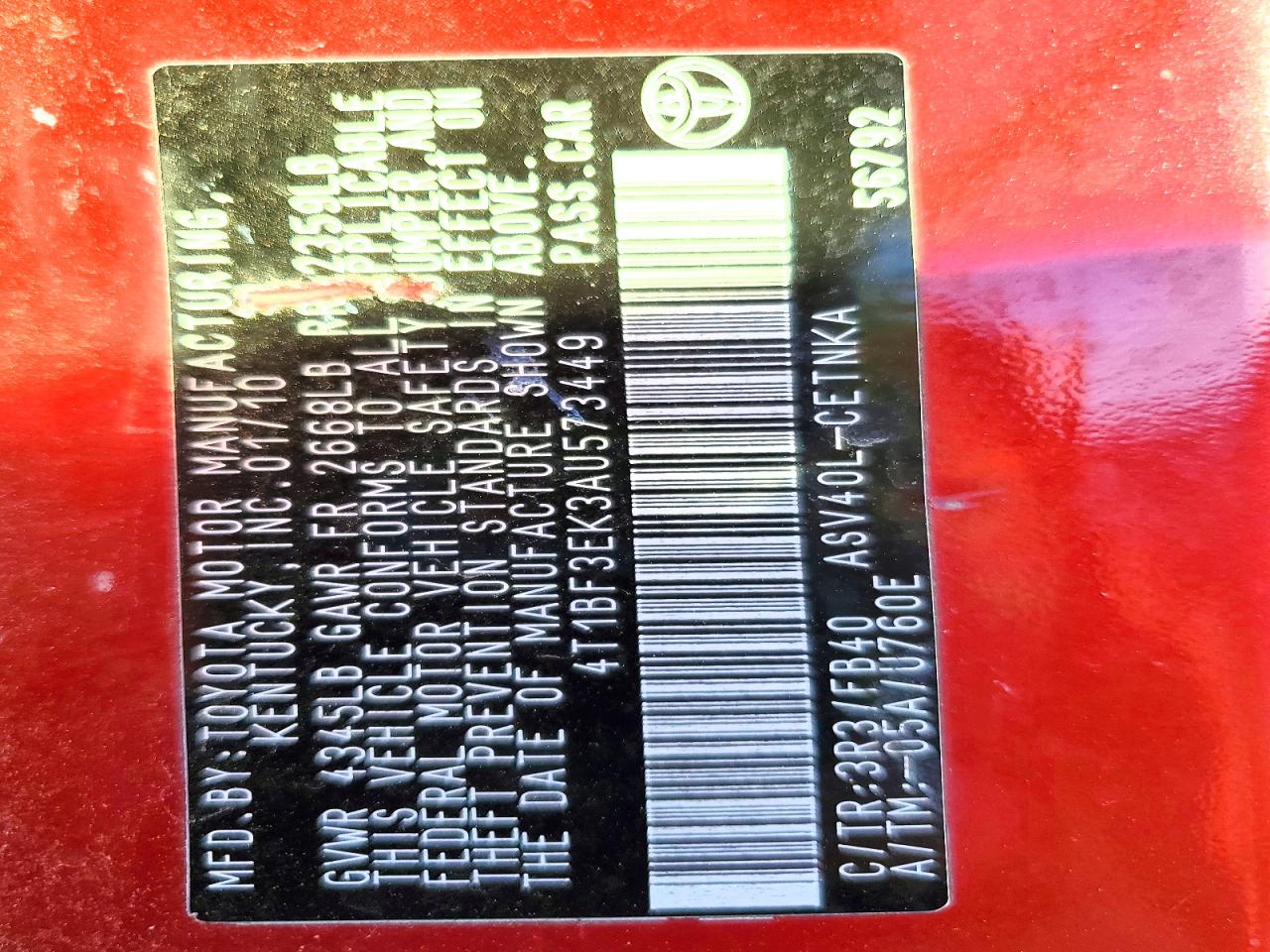 2010 TOYOTA CAMRY BASE photo 13