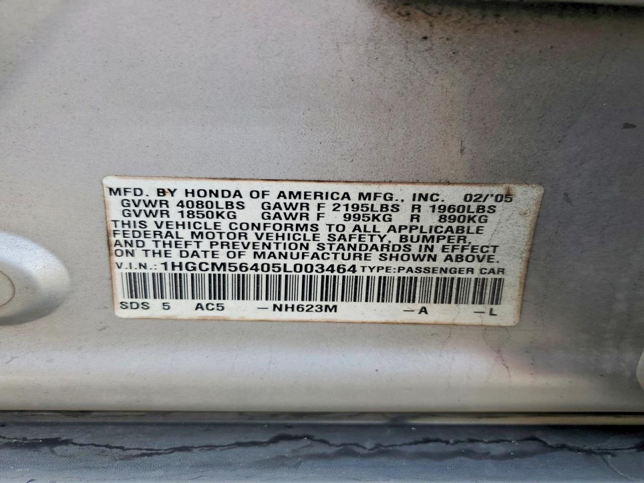 2005 HONDA ACCORD LX photo 12