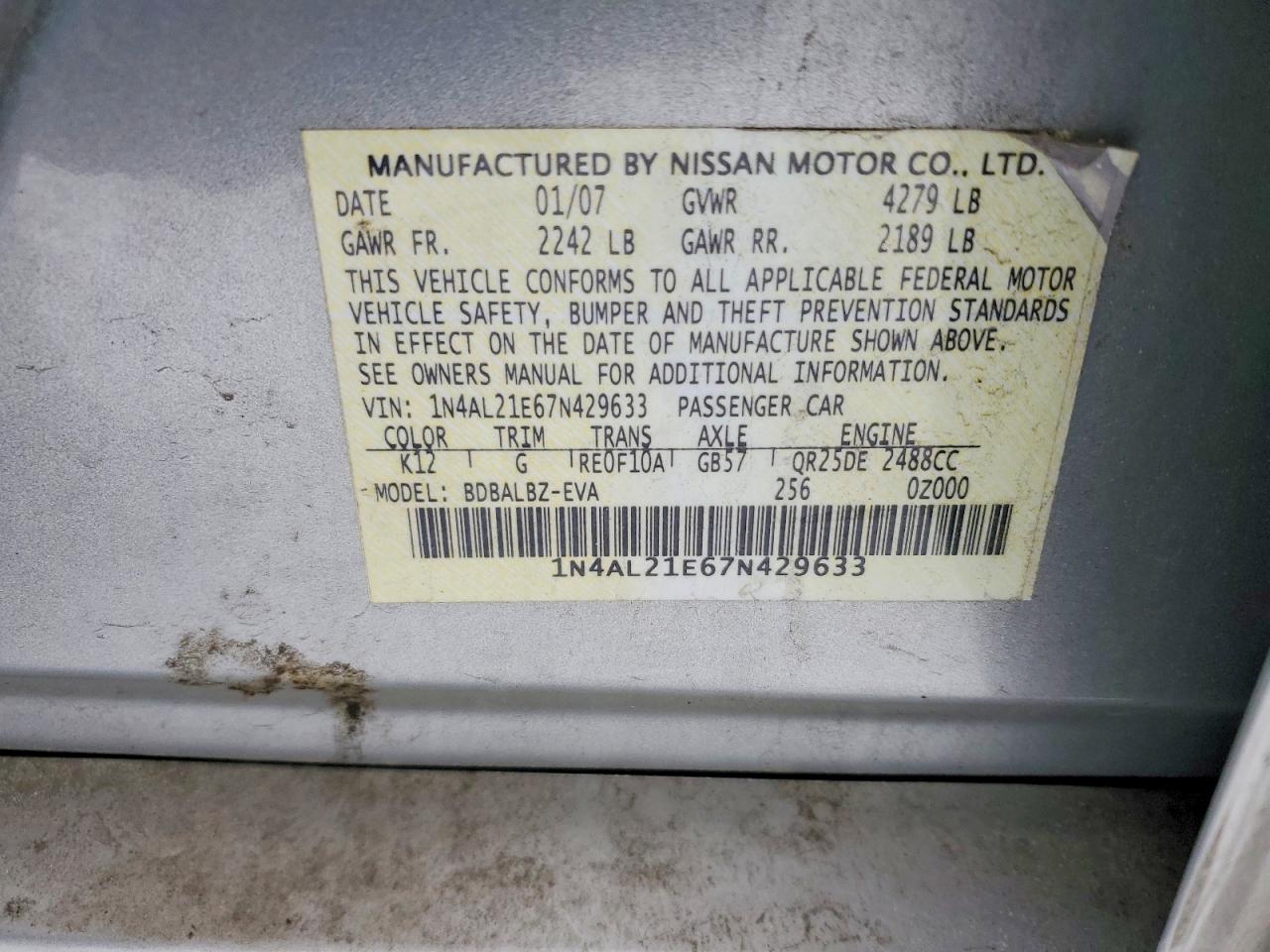 2007 NISSAN ALTIMA 2.5 photo 12