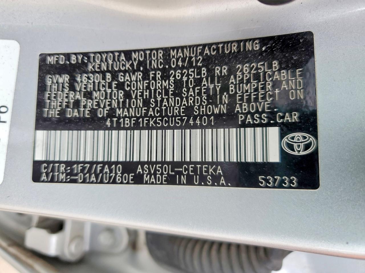2012 TOYOTA CAMRY BASE photo 12