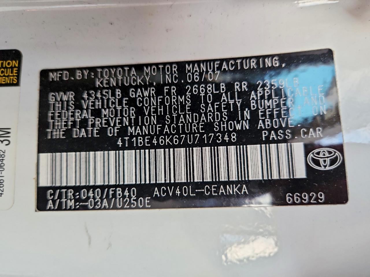 2007 TOYOTA CAMRY CE photo 12