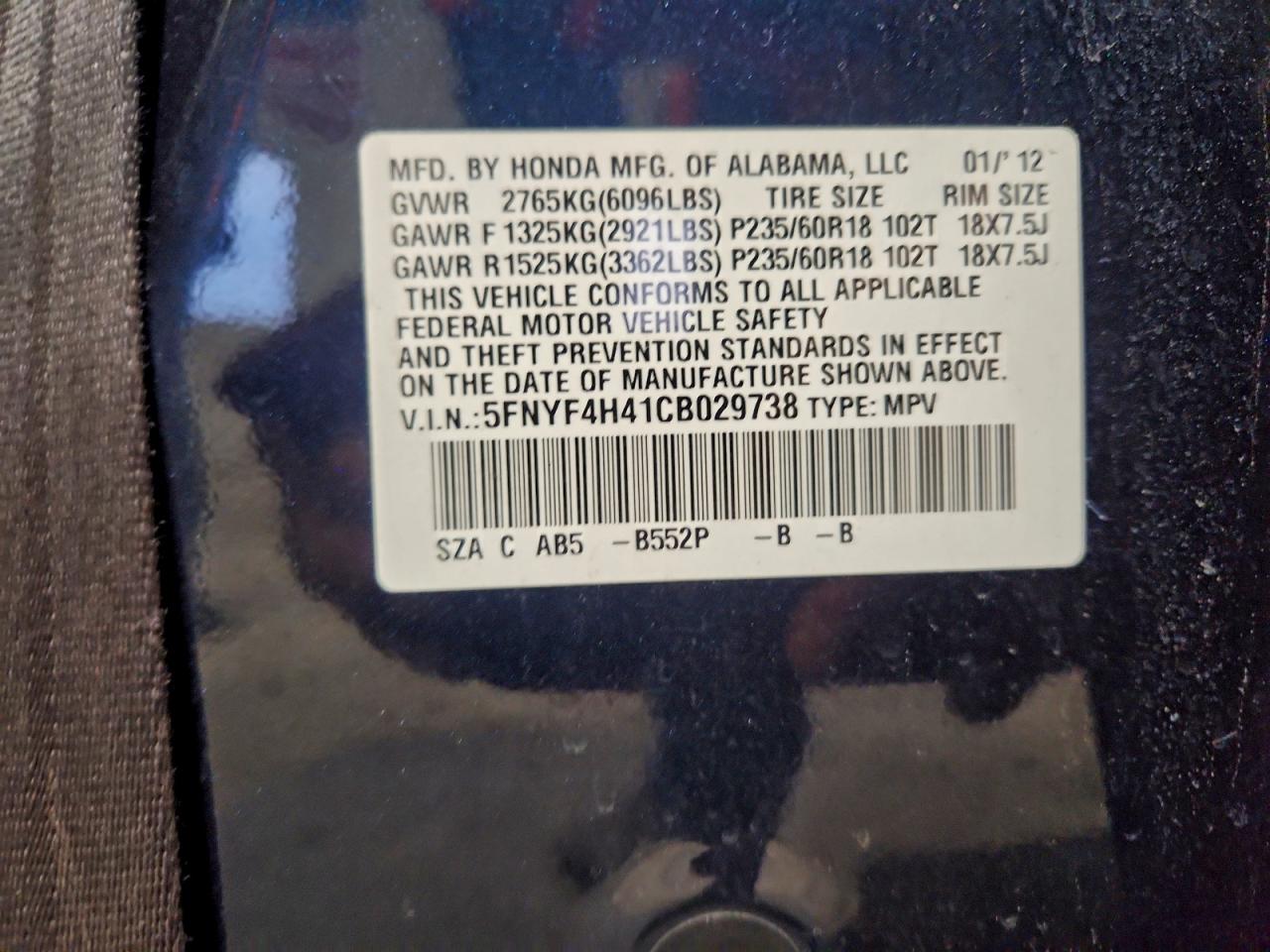 2012 HONDA PILOT photo 14
