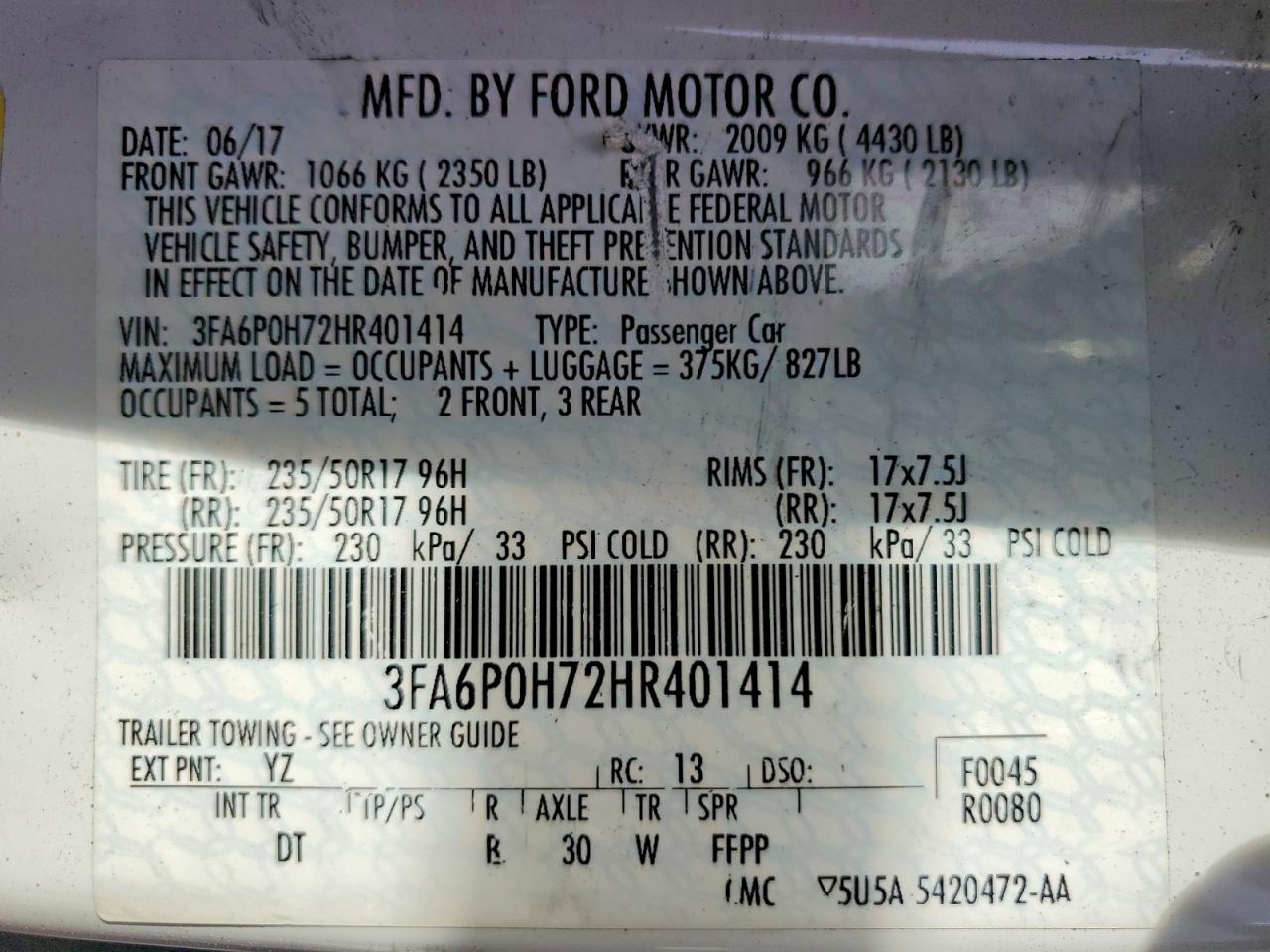 2017 FORD FUSION SE photo 12