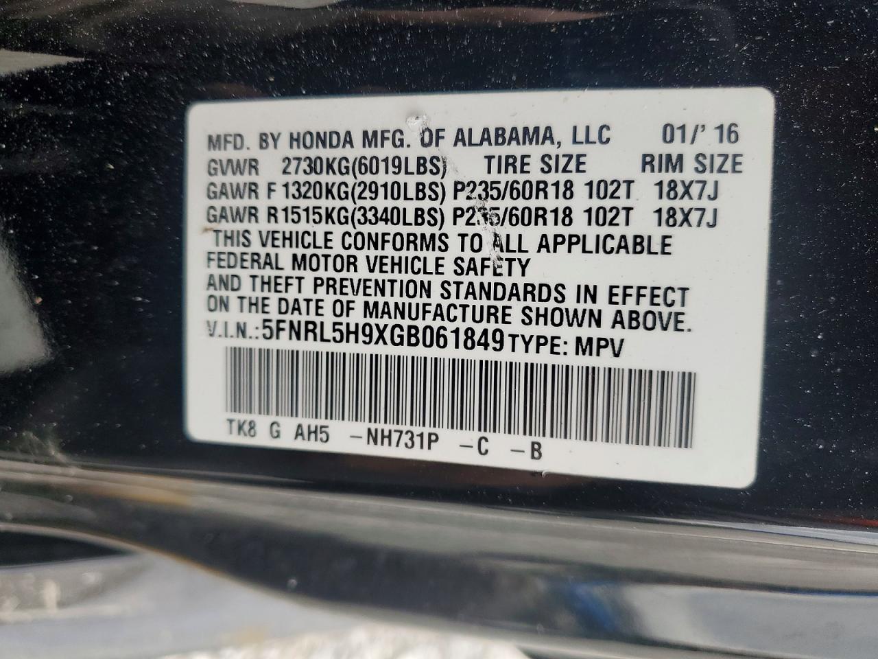 2016 HONDA ODYSSEY TOURING photo 37