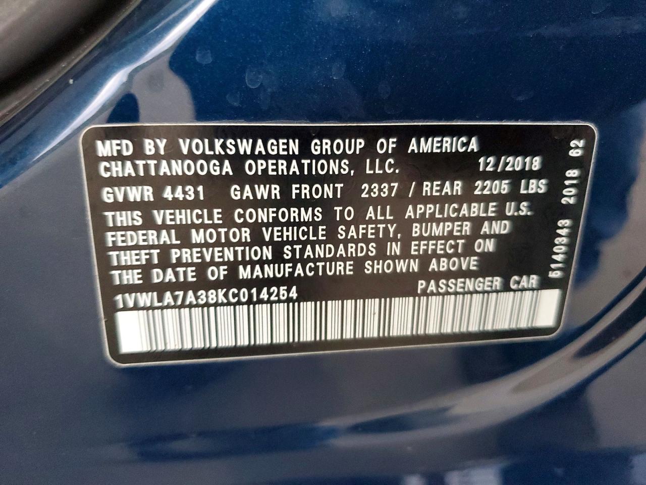 2019 VOLKSWAGEN PASSAT WOLFSBURG photo 12