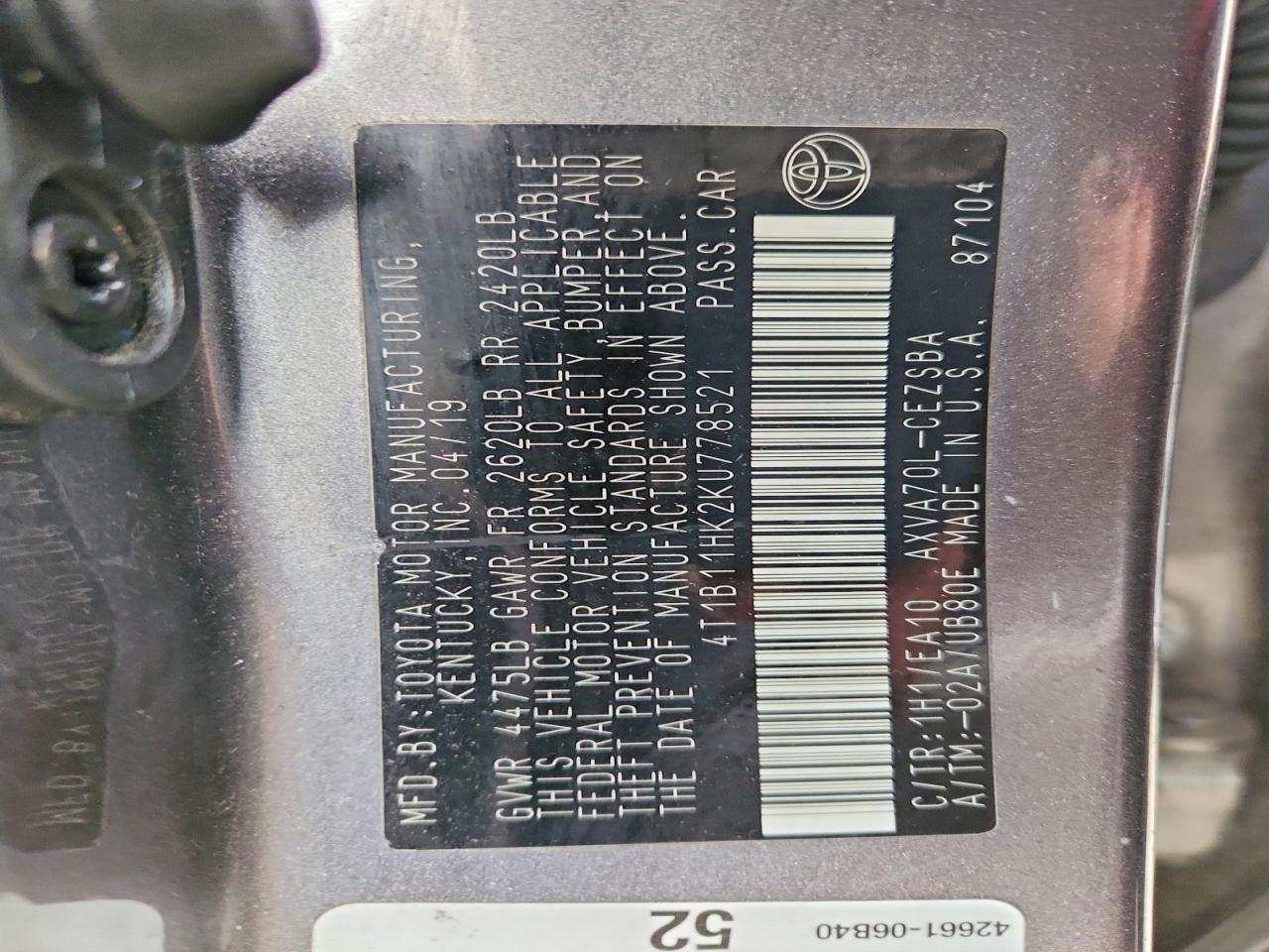 2019 TOYOTA CAMRY L photo 12