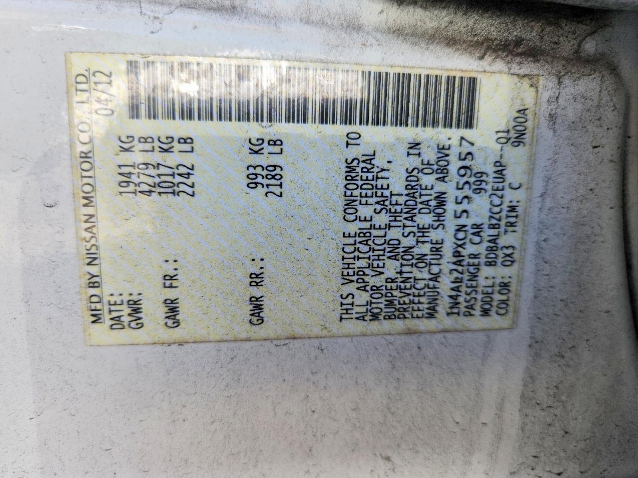 2012 NISSAN ALTIMA BASE photo 23