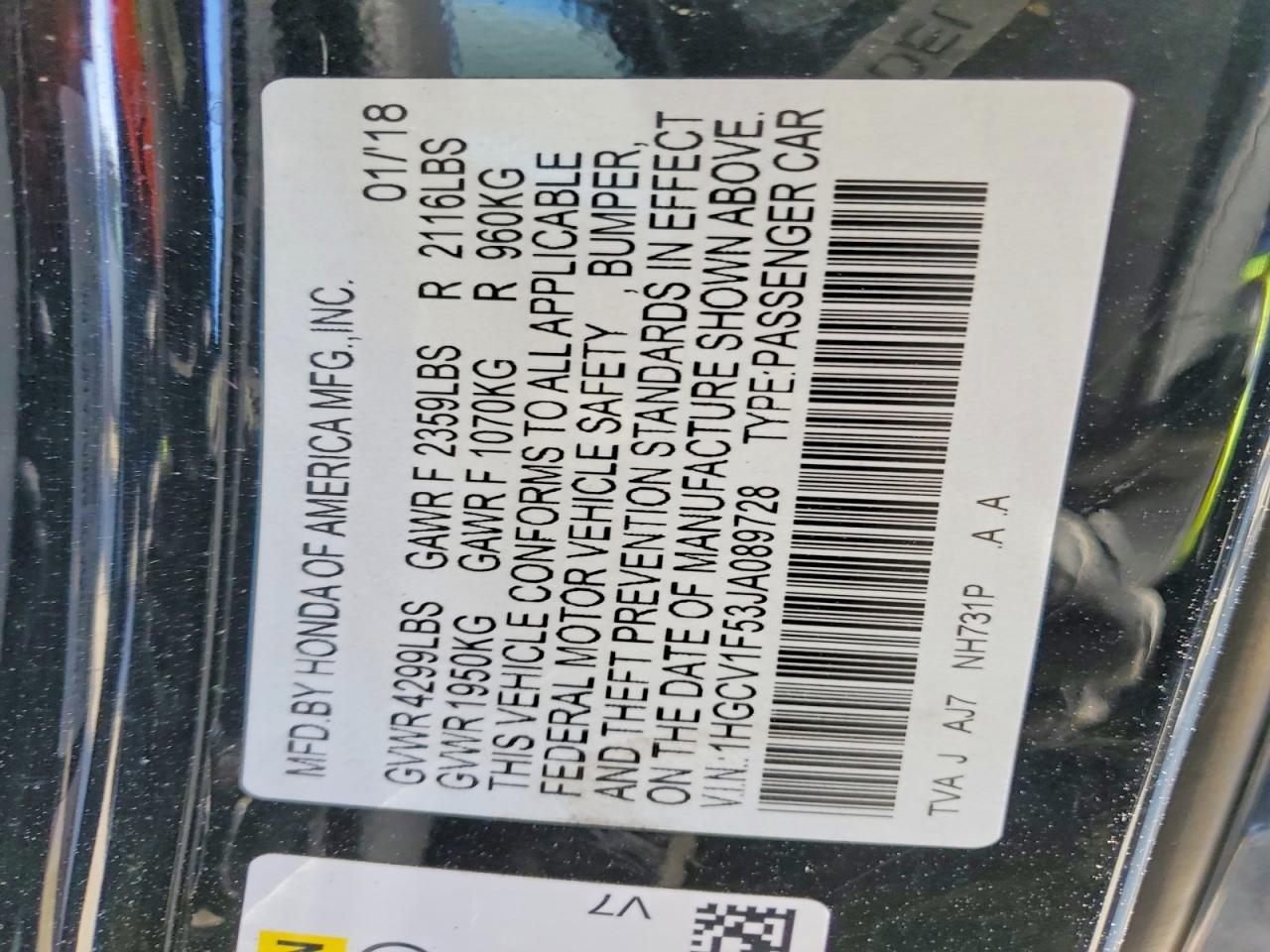 2018 HONDA ACCORD EXL photo 12