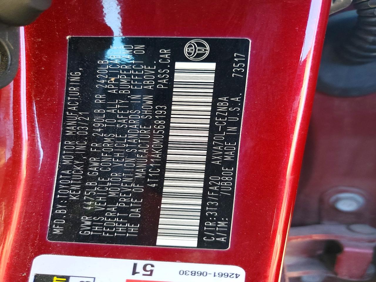 2021 TOYOTA CAMRY LE photo 12