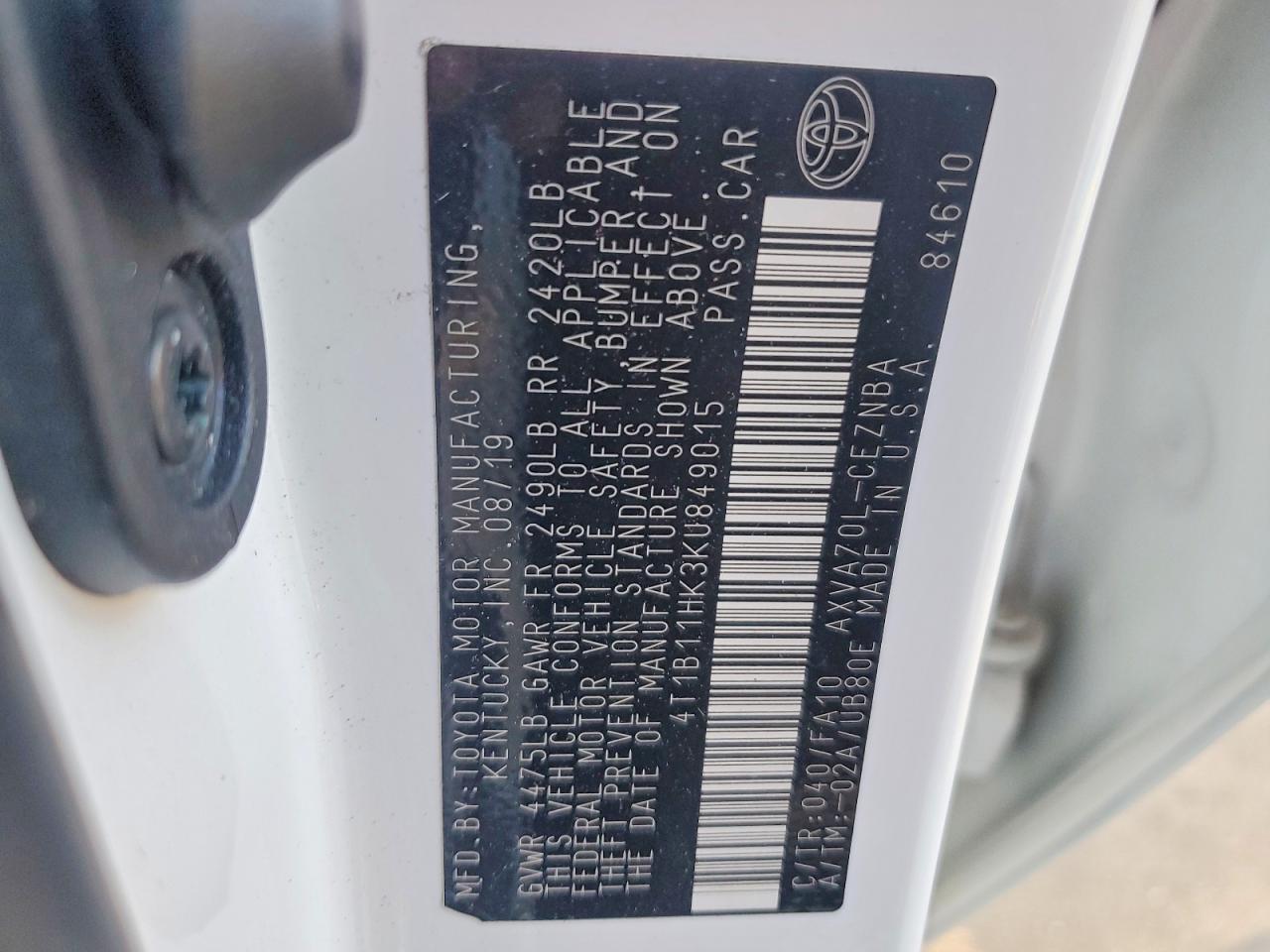 2019 TOYOTA CAMRY L photo 12