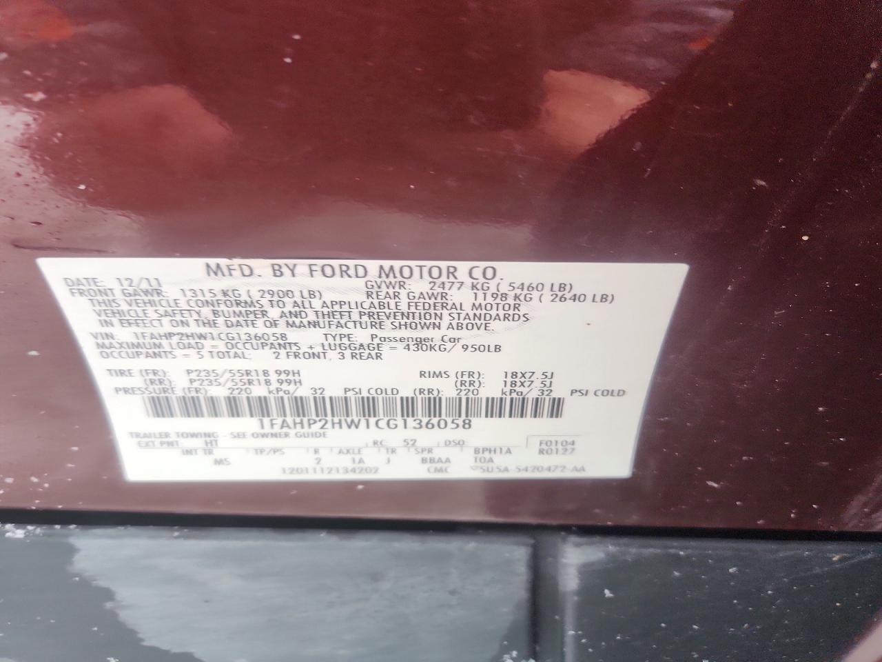 2012 FORD TAURUS SEL photo 23