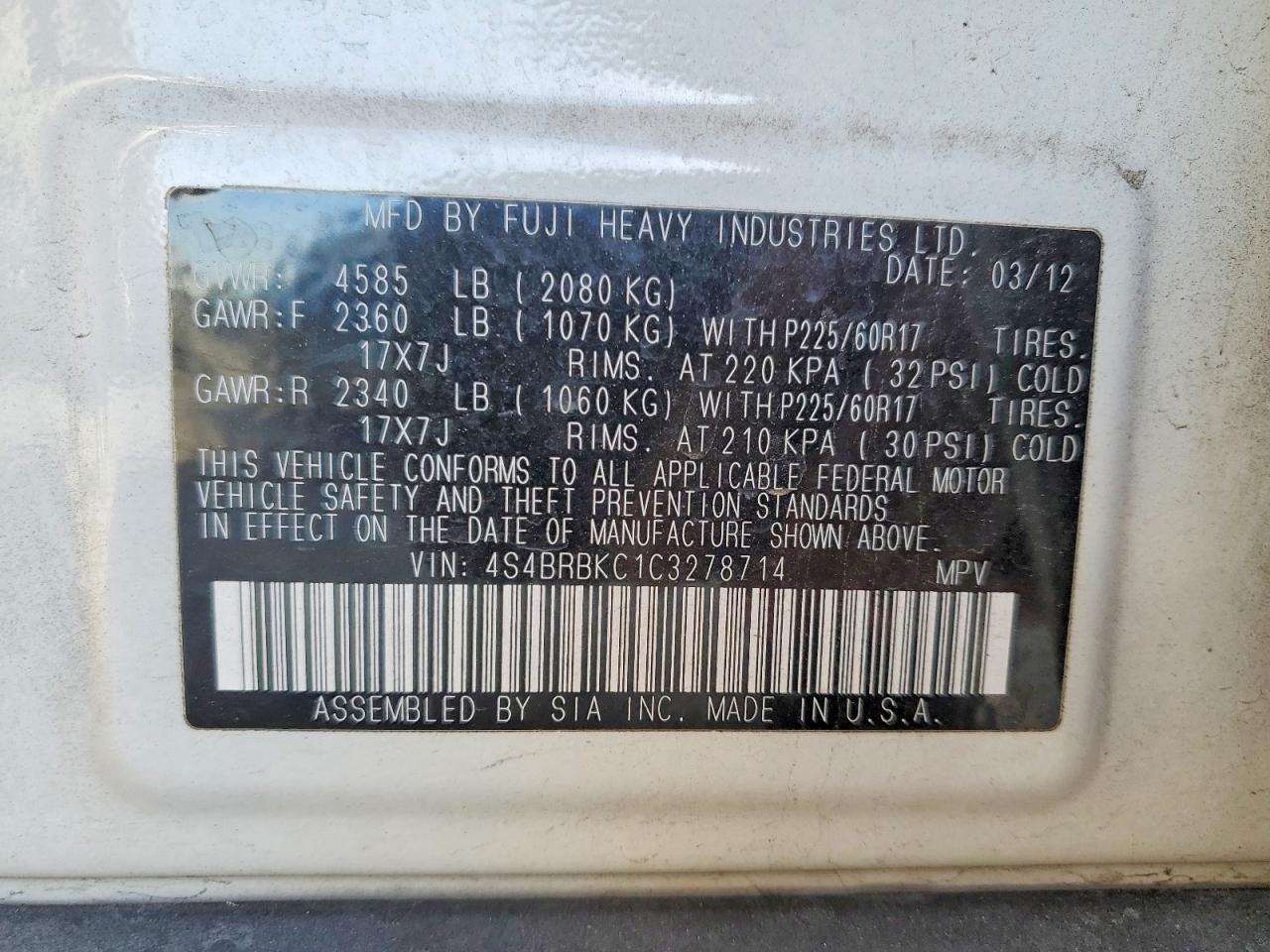 2012 SUBARU OUTBACK 2.5I LIMITED photo 14