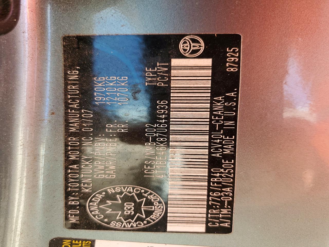 2007 TOYOTA CAMRY CE photo 12
