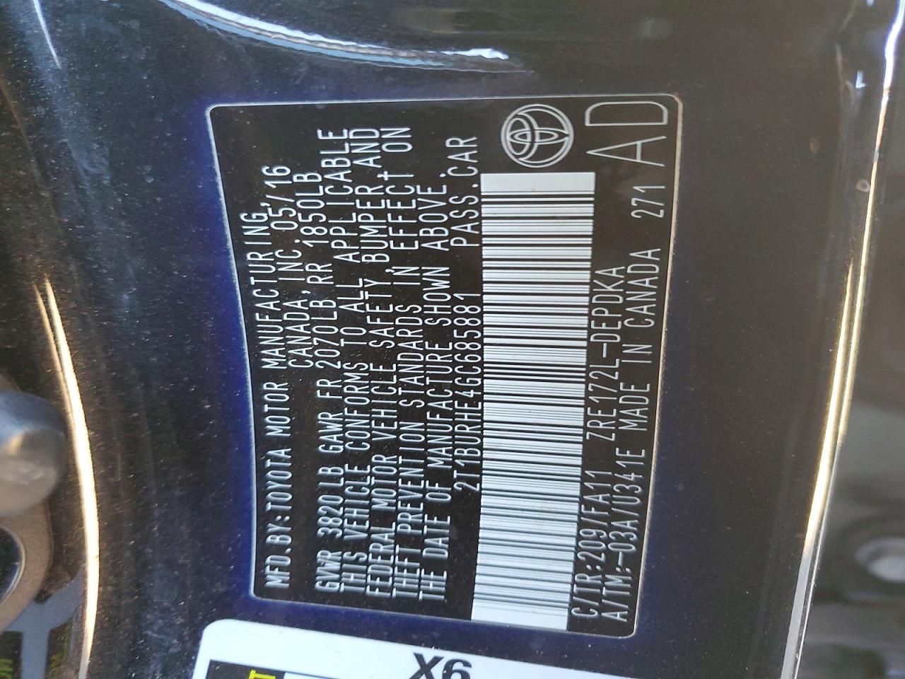 2016 TOYOTA COROLLA L photo 12