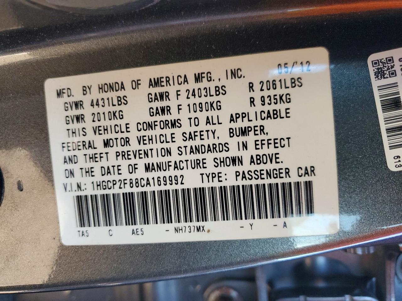 2012 HONDA ACCORD EXL photo 12