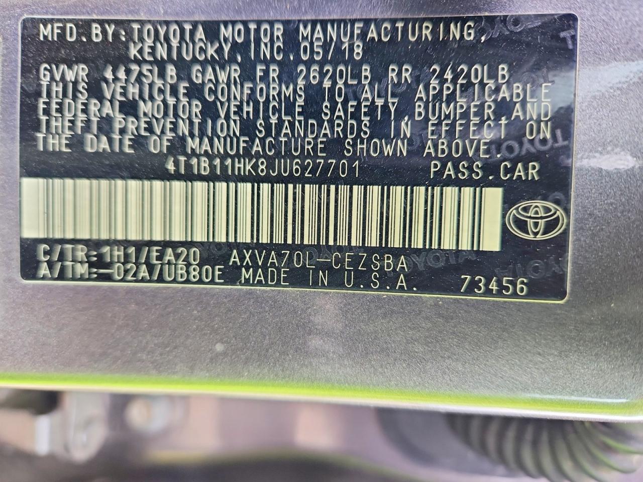 2018 TOYOTA CAMRY L photo 12