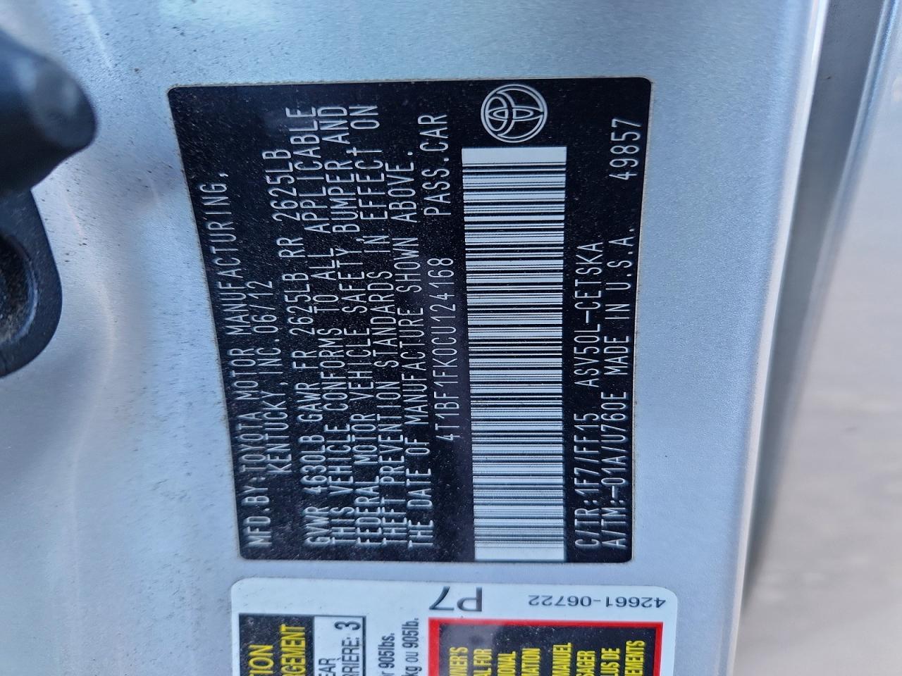 2012 TOYOTA CAMRY BASE photo 13