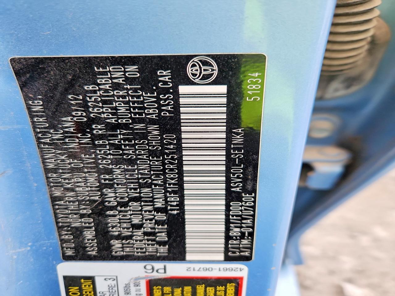 2012 TOYOTA CAMRY BASE photo 12
