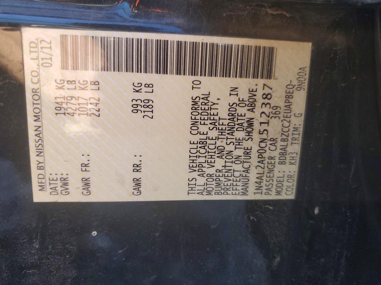 2012 NISSAN ALTIMA BASE photo 12