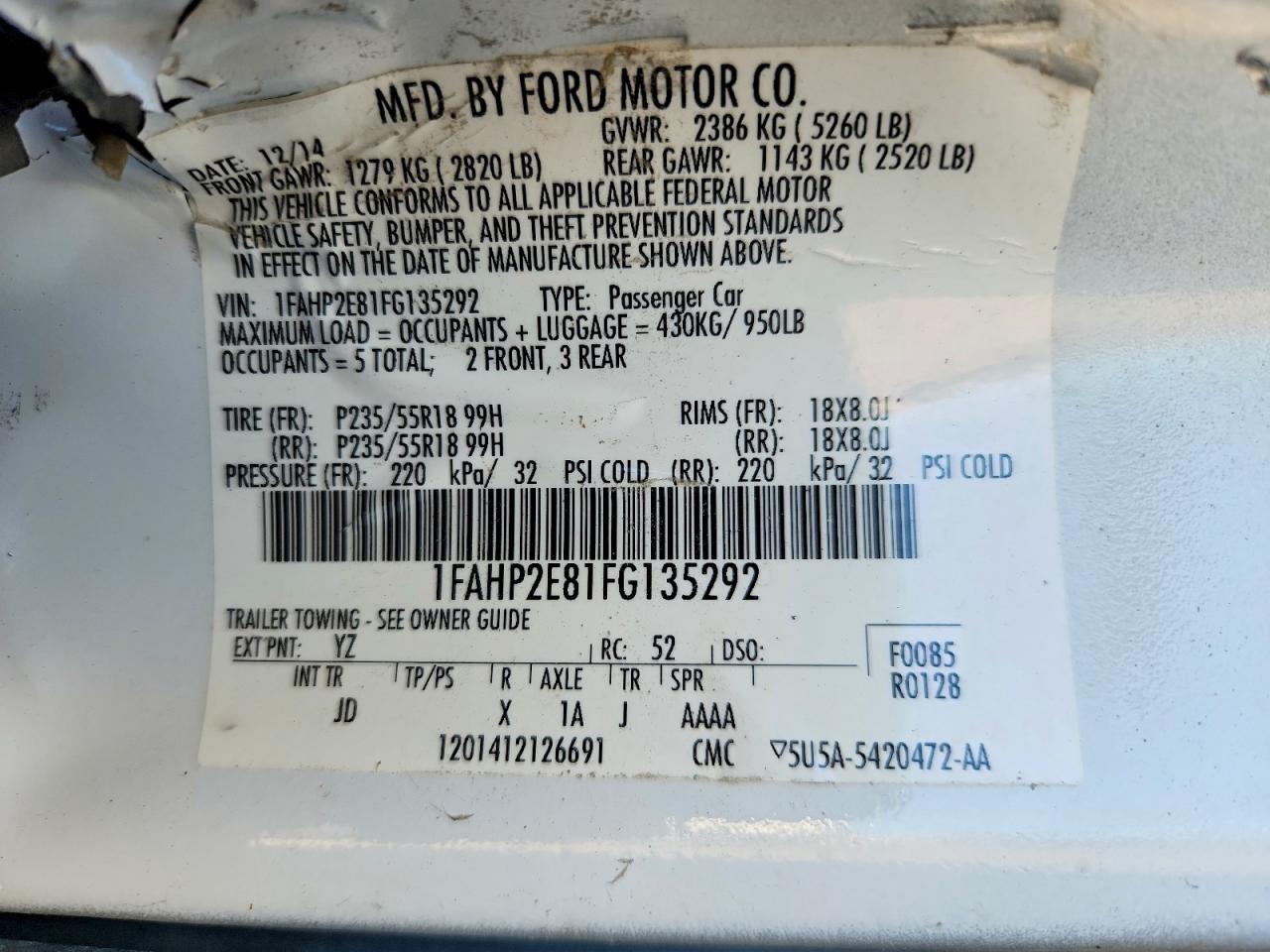 2015 FORD TAURUS SEL photo 49