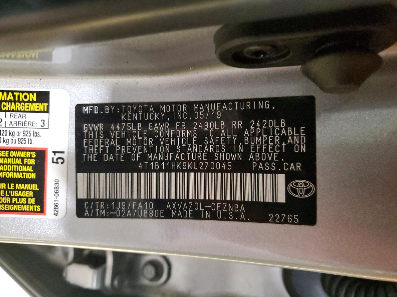 2019 TOYOTA CAMRY L photo 34