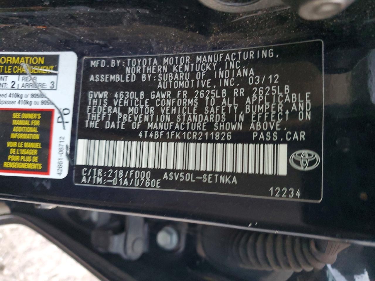 2012 TOYOTA CAMRY BASE photo 12