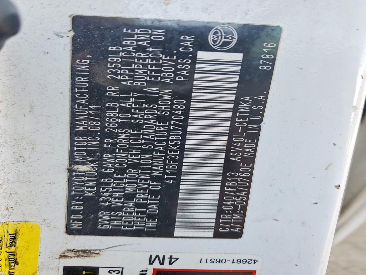 2011 TOYOTA CAMRY BASE photo 12