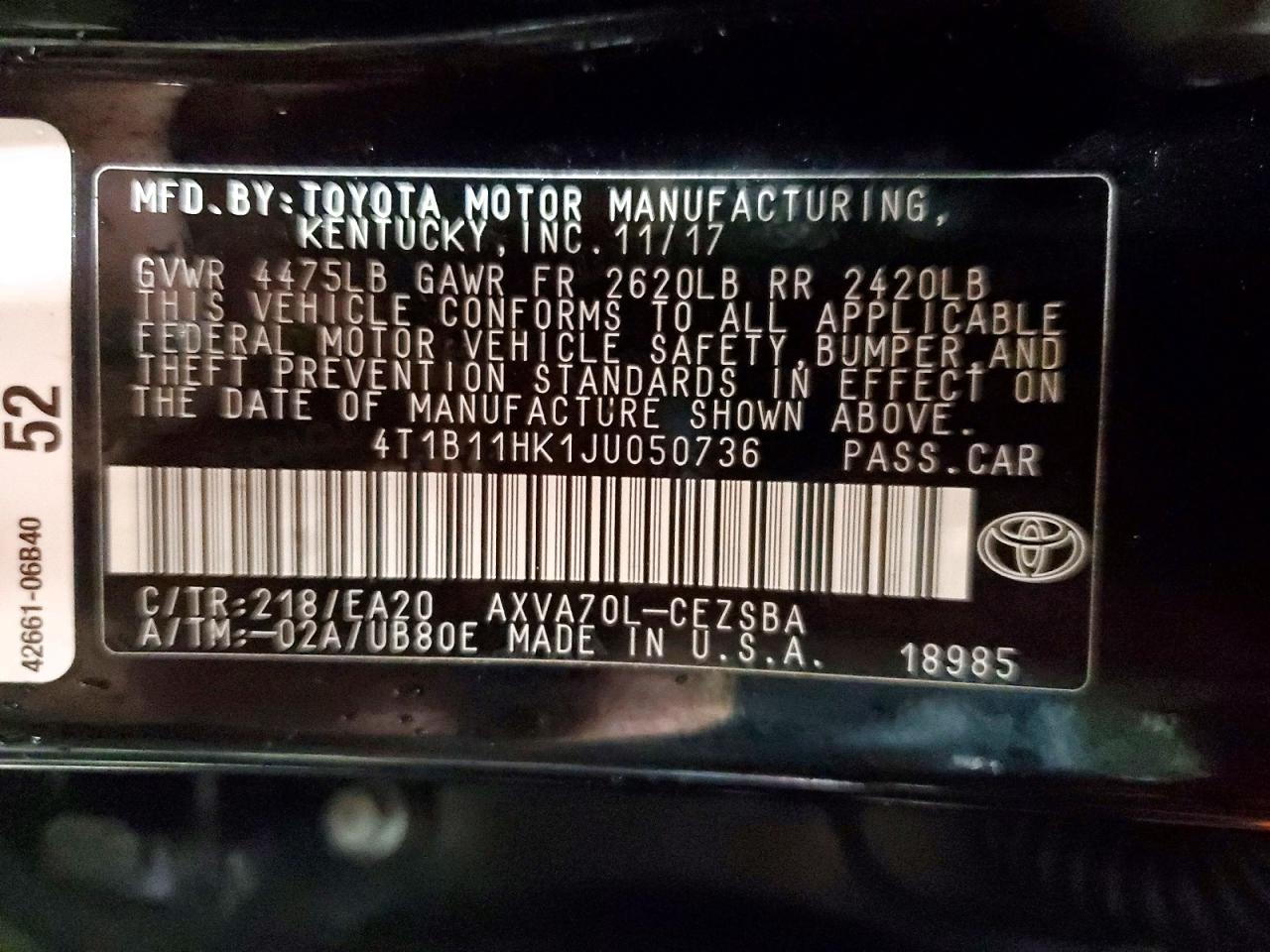 2018 TOYOTA CAMRY L photo 13