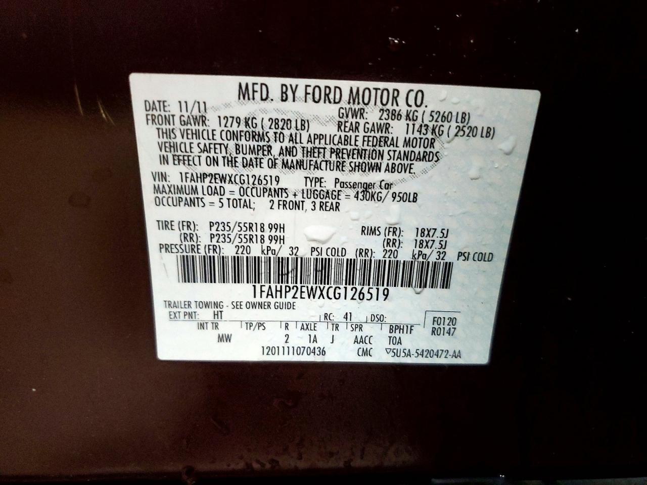 2012 FORD TAURUS SEL photo 12