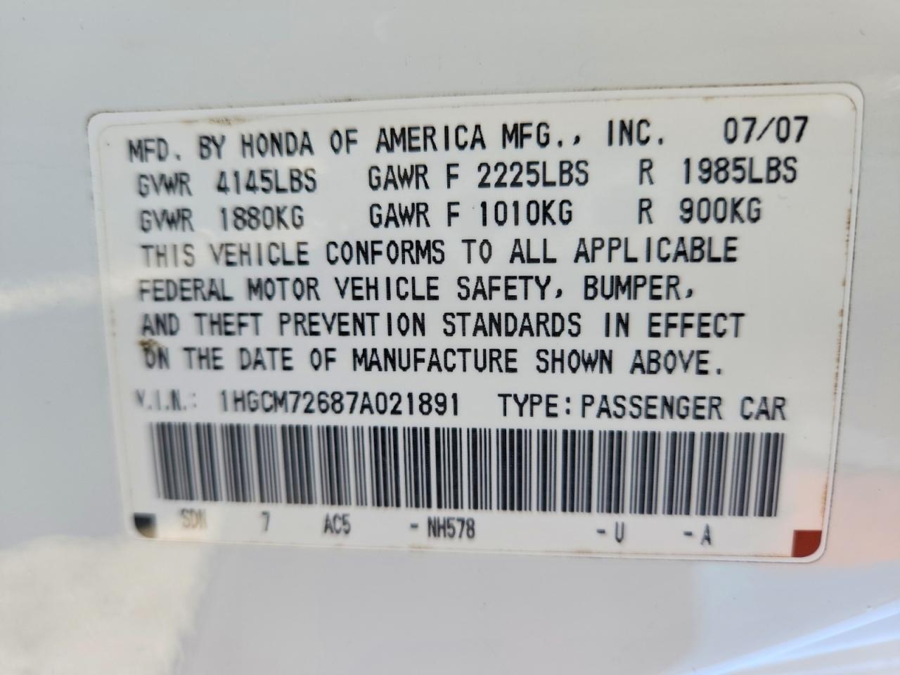 2007 HONDA ACCORD EX photo 12