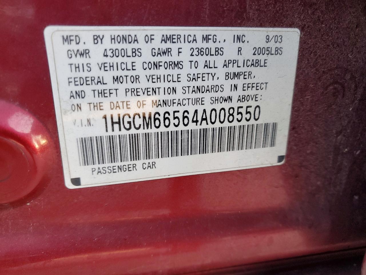 2004 HONDA ACCORD EX photo 12